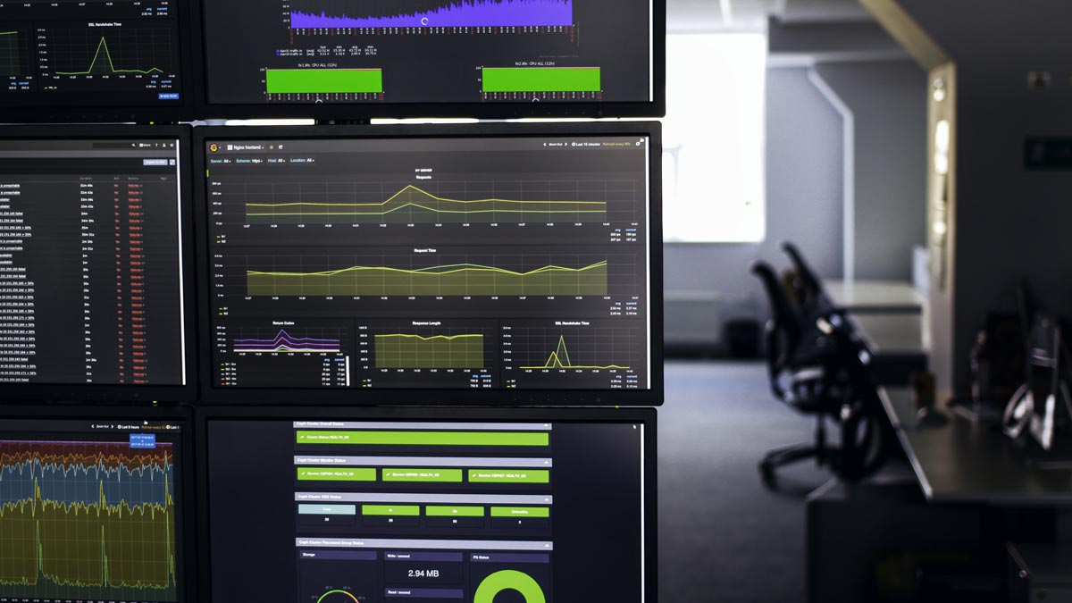 Modern server infrastructure monitoring dashboard displaying AI crawler traffic, CDN caching systems, network analytics, and website security operations supporting AI search readiness and digital visibility optimization.